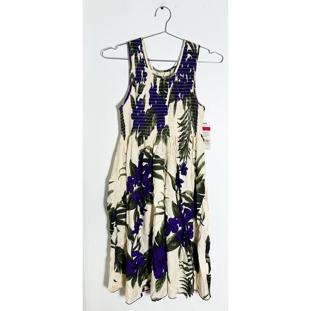 NWT Favant Hawaii Rayon Floral Dress One Size Smocked Tank Sundress Cream Purple